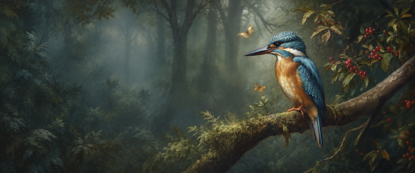 IJsvogel op een bemoste tak met vlinders, in een schilderachtig bos